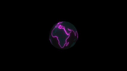 Glowing neon world globe showing continents over black backdrop illustrating global connectivity futuristic technology and environmental awareness