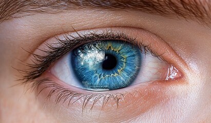 Obraz premium Extreme close-up of a blue human eye with detailed iris patterns and reflections in the pupil, surrounded by natural skin texture and eyelashes