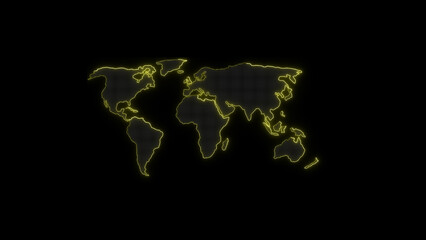 Illuminated world map illustration showing continents in neon yellow, dotted with a futuristic and digital aesthetic against a stark black background.