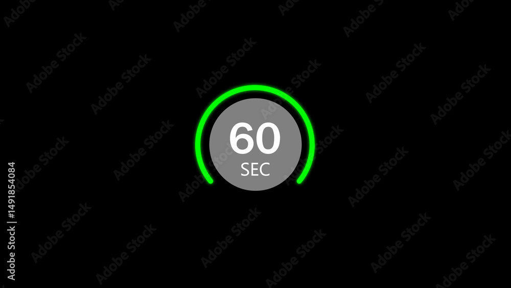 Poster a digital countdown timer animation element showing sixty seconds in a green circle against a dark b