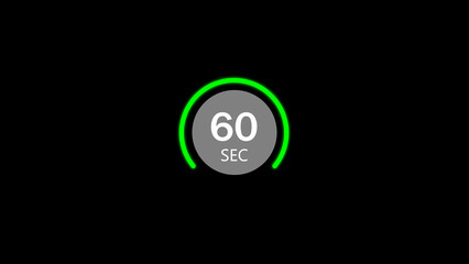 A digital countdown timer animation element showing sixty seconds in a green circle against a dark background suitable for design projects.