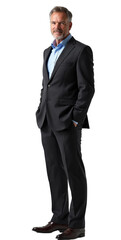 Professional full-body Caucasian man, early 50s, charcoal suit, light blue shirt, focused look. Ideal for corporate, finance, consulting, leadership, sales, business.