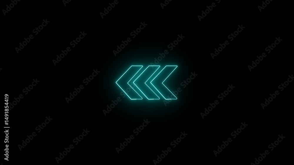 Poster glowing turquoise neon arrows signifying back or previous direction against a dark background for di