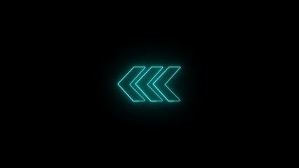 Glowing turquoise neon arrows signifying back or previous direction against a dark background for digital concepts