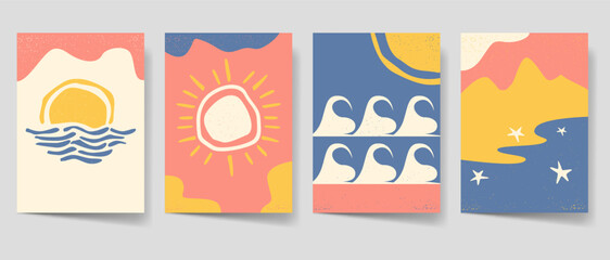 Abstract vintage summer poster set, Flyer bohemian style for print. Beach poster template bundle. Mid century graphic collection