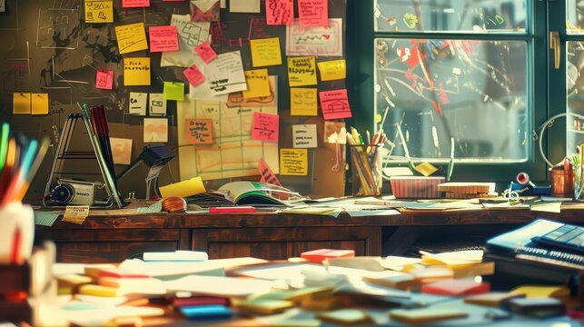 A cluttered desk with sticky notes on the wall and papers scattered across the surface near a window