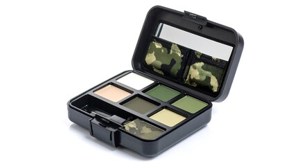Open eyeshadow palette showing various shades of green and beige eyeshadow colors with a mirror against a white background. Product closeup