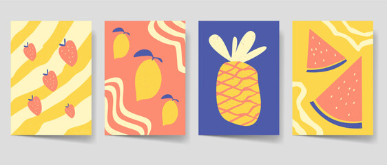 Vintage summer fruits poster set, Flyer bohemian style for print. Beach poster template bundle. Mid century graphic collection