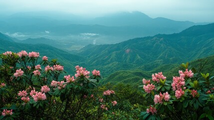 Obraz premium Scenic Mountain Landscape with Blooming Rhododendrons in the Foreground