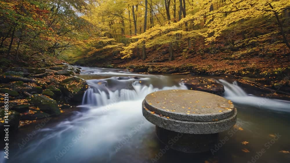 Poster empty stone stage podium in water flowing stream autumn forest trees background, blank space for dis