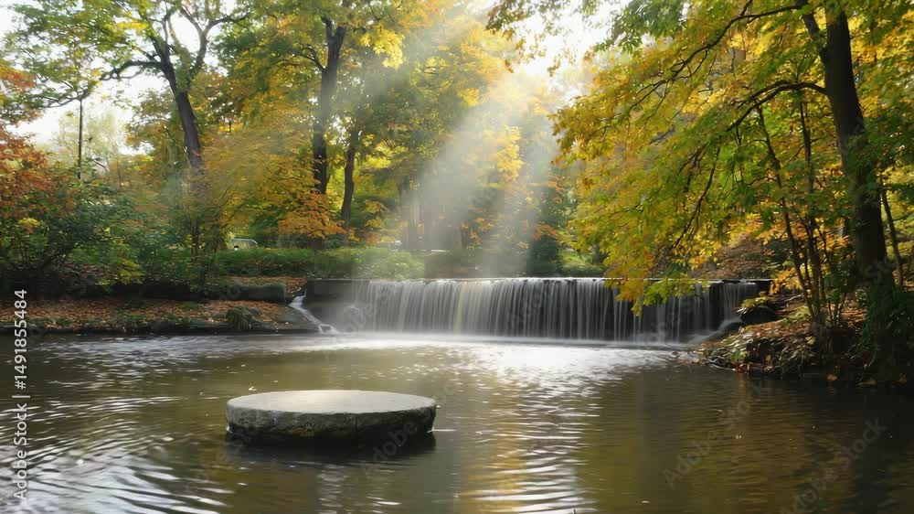 Poster empty stone stage podium in water flowing stream autumn forest trees background, blank space for dis