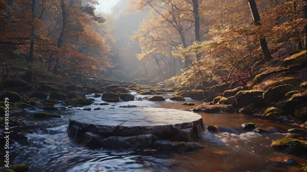 Poster empty stone stage podium in water flowing stream autumn forest trees background, blank space for dis