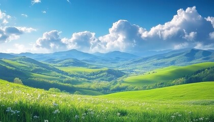 Fototapeta premium Vast green undulating grassland under a blue sky with white clouds, distant mountains, and scattered trees.