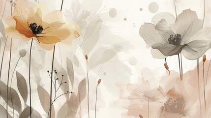 Watercolor painting of beige and white flowers with long stems and leaves on a light background