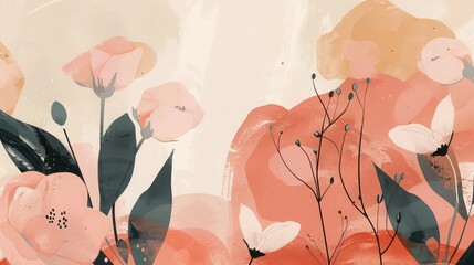 Watercolor floral painting featuring pink flowers and dark green leaves on a light background art