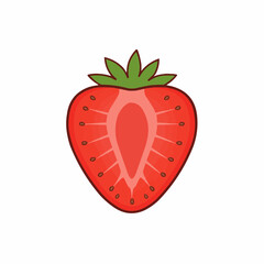 Cartoon close up of sliced strawberry with seeds & green leaves