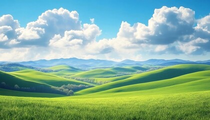 Obraz premium Vast green undulating grassland under a blue sky with white clouds, distant mountains, and scattered trees.