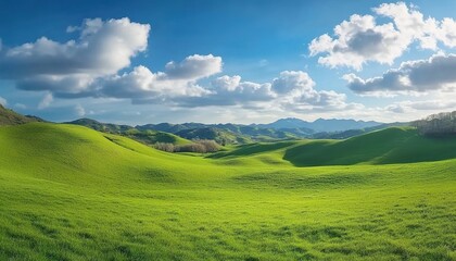 Fototapeta premium Vast green undulating grassland under a blue sky with white clouds, distant mountains, and scattered trees.