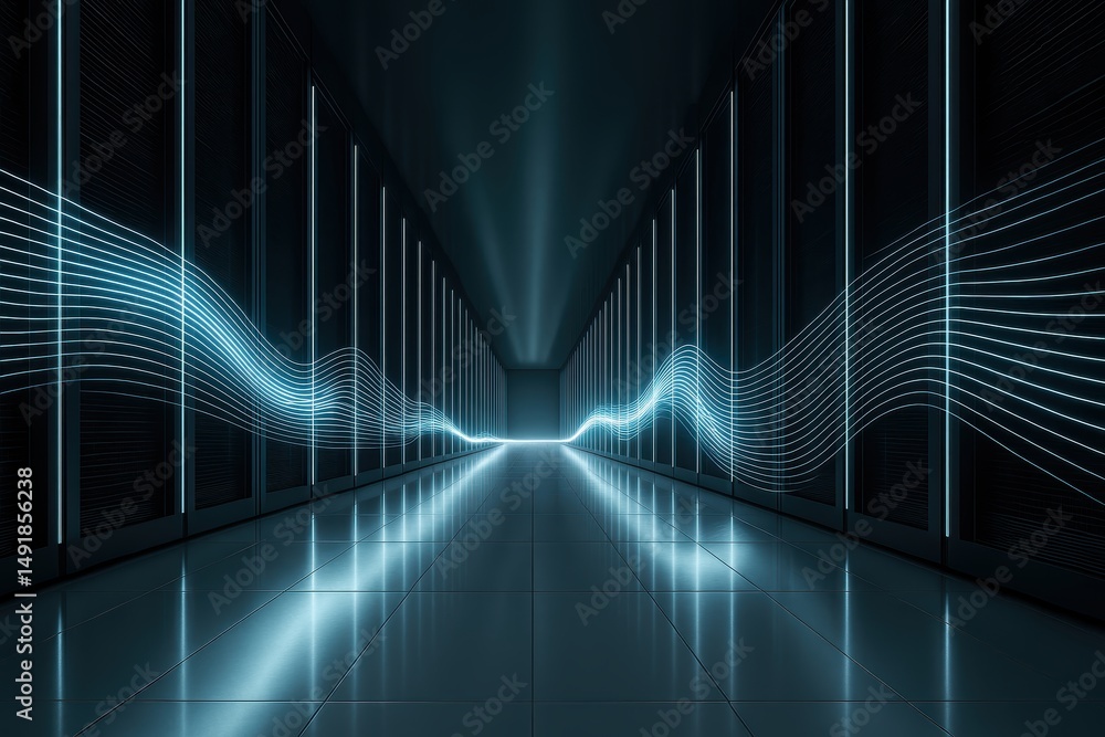 Poster a futuristic data center hallway with glowing blue lights and digital wave lines representing data f