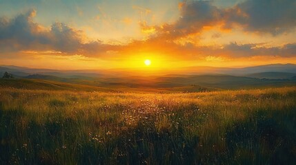 Golden sunset over rolling grassy hills with clouds and distant mountain range evoking calm and serenity
