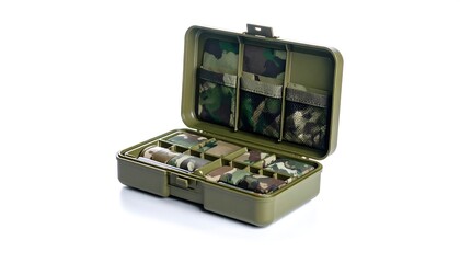 Open olive green rectangular organizer with camouflage inserts on a white background. Angled shot of the storage case containing several compartments