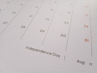 Close up of August 2025 calendar page. Focus on the words of the Republic of Indonesia's Independence Day on August 17. Calendar page background. Indonesian calendar