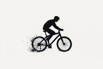 Obraz premium silhouette of a cyclist riding a mountain bike with rear wheel dissipating into particles conveying motion and dynamic energy
