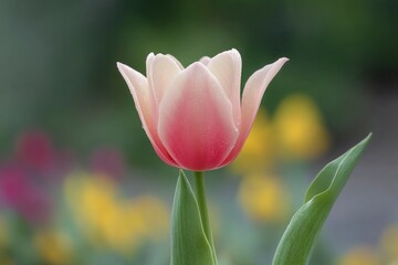 Blooming Tulip Flower with Pink and White Petals in Garden