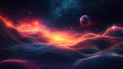 Alien planet digital landscape, cosmic background, vibrant nebula, sunrise, futuristic design, website banner