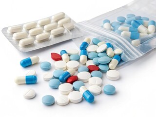 Pharmaceutical Pills and Capsules in Blister Packs and Plastic Bag for Medication Storage