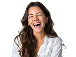 Joyful Resonance: A radiant person, captured in a lively and genuine portrait of sheer happiness. Her eyes are lit with delight and her open-mouthed laugh amplifies the purity of emotion.