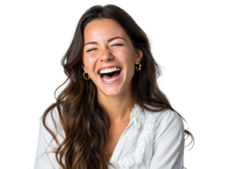 Joyful Resonance: A radiant person, captured in a lively and genuine portrait of sheer happiness. Her eyes are lit with delight and her open-mouthed laugh amplifies the purity of emotion.