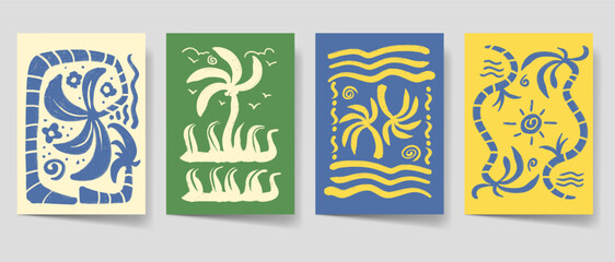 Fototapeta premium Vintage summer poster set, Flyer bohemian style for print. Beach poster template bundle. Mid century graphic collection