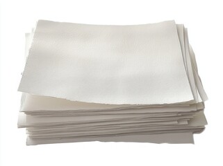 Stack of textured off-white paper sheets with deckled edges arranged in a pile on a white background
