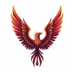 Obraz premium Stylized phoenix rises with wings spread, feathers in shades of red, orange, and yellow
