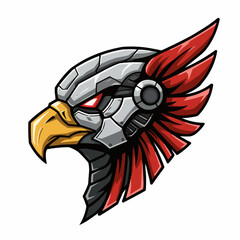 A robotic bird head with red feathers and sharp golden beak on white background