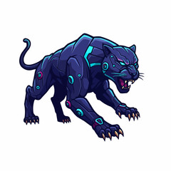 Obraz premium Stylized panther with robotic, geometric designs in blue and turquoise color scheme