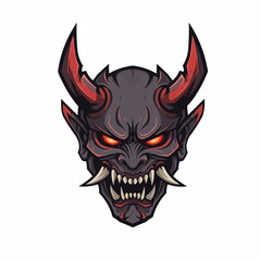 Abstract depiction features a horned, stylized helmet with shades of grey and red