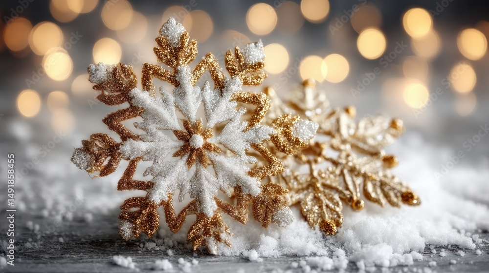 Poster close-up of a single snowflake resting on a wooden table surface with natural daylight illumination.