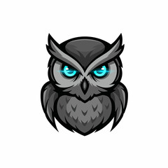 Fototapeta premium A gray owl with glowing blue eyes peeks from the bottom right on white