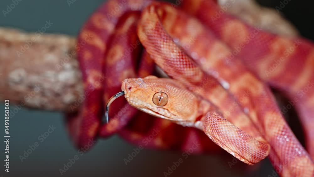 Aufkleber red and orange snake coiled around a branch, displaying its sharp, striking features