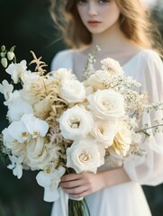 Naklejka premium young woman in a white dress holding a large bouquet of white and cream flowers with a soft and serene expression