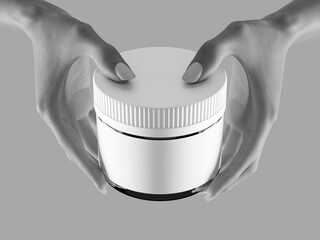 Hand Holding White Blank Plastic Jar Label Mockup 3D Rendering on Gray Background