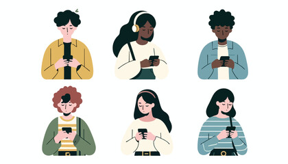 Vector of multiethnic young people who are busy with their respective mobile phones