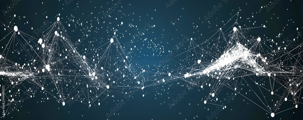 Aufkleber abstract digital network visualization showing interconnected nodes and lines on a deep blue backgro