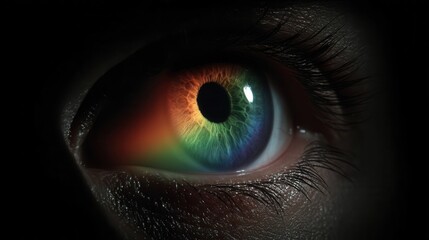 Close-up view of an eye with vibrant colors.