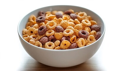 A bowl of cereal with milk on a plain background.