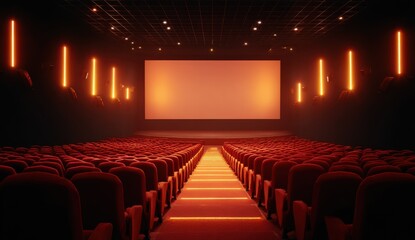 Naklejka premium Empty cinema hall with red seats and illuminated screen at night