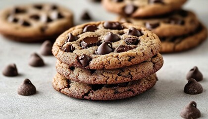 Fototapeta premium Stacked chocolate-chip cookies with scattered chips on a gray surface.