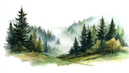 Fototapeta premium Serene Misty Forest Landscape with Pine Trees and Gentle Hills